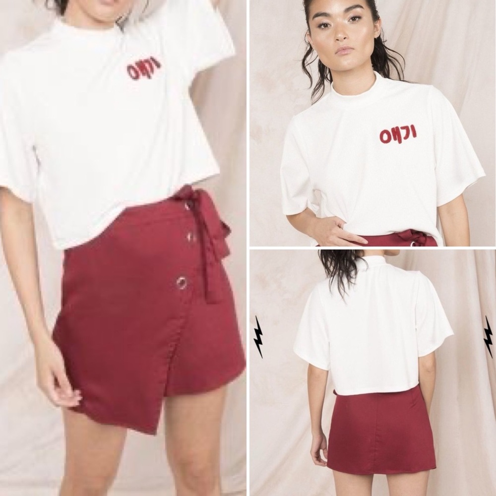 Eggie Baby Ribbed T Crop Top – White Tee with Red Fuzzy Japanese Logo Size S/M